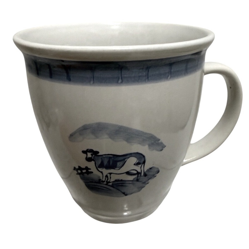 Folkcraft Stoneware Blue Pastures Cow Mug White Blue Farmhouse Coffee Cup 4395
